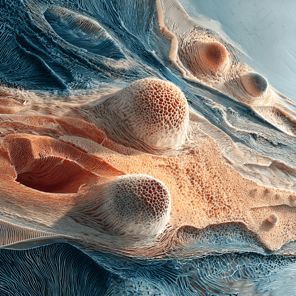Atlas unicelular de la piel humana: la ‘receta’ molecular que impulsa la medicina regenerativa 1 Imagen microscópica artística de células cutáneas que ilustran avances en medicina regenerativa y el atlas unicelular de la piel humana