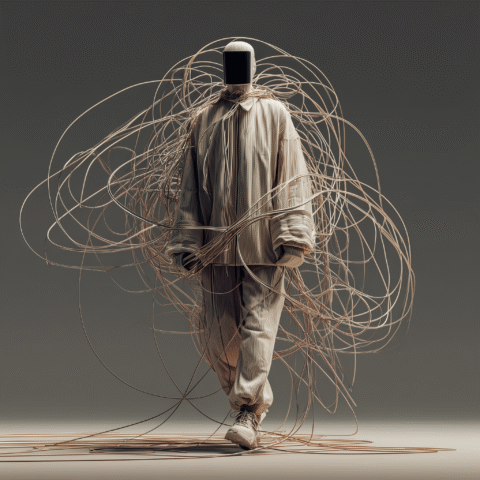Soledad digital representada por una figura humana atrapada en cables y pantallas, simbolizando la hiperconexión tecnológica y el aislamiento emocional en la era moderna