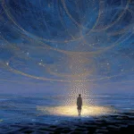 ilustración conceptual de ChatGPT Atlas, una figura humana contemplando un océano de datos luminosos que simboliza la exploración inteligente del conocimiento digital