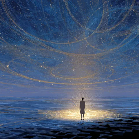 ilustración conceptual de ChatGPT Atlas, una figura humana contemplando un océano de datos luminosos que simboliza la exploración inteligente del conocimiento digital