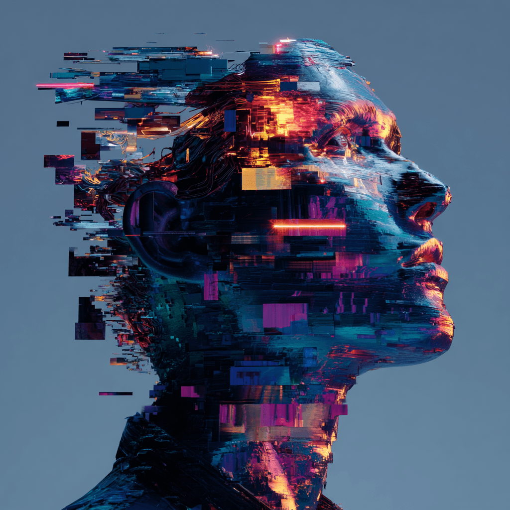 Cuando tus datos se venden como estética 1 Retrato digital con efectos de glitch representando la estetica de los datos