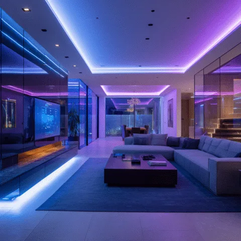 Sala moderna con luces inteligentes LED coloridas