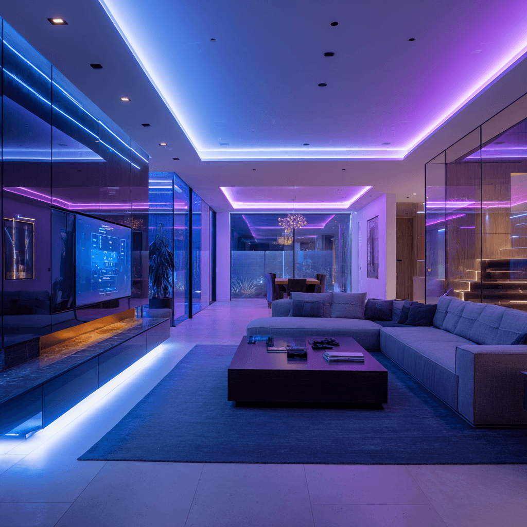 Sala moderna con luces inteligentes LED coloridas