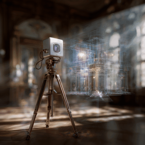 Inicio 20 Matterport Pro2 3D Camera escaneando un interior arquitectónico con proyección digital del espacio en 3D