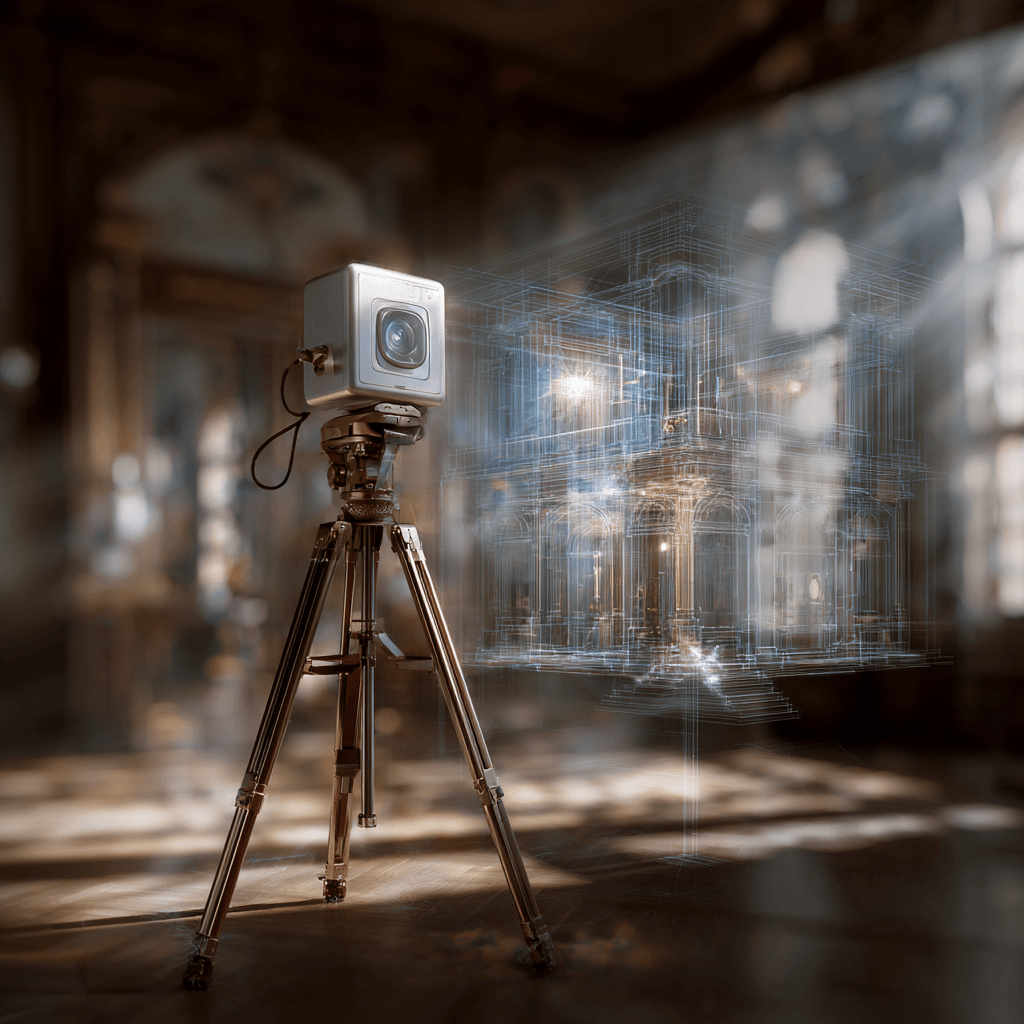 Inicio 26 Matterport Pro2 3D Camera escaneando un interior arquitectónico con proyección digital del espacio en 3D