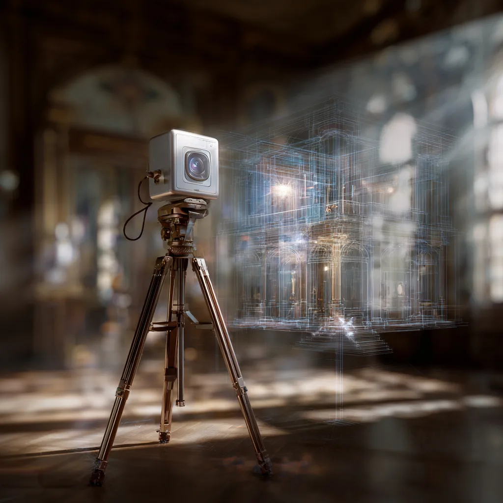 Matterport Pro2 3D Camera: gemelos digitales para arquitectura, VR y metaverso 1 Matterport Pro2 3D Camera escaneando un interior arquitectónico con proyección digital del espacio en 3D