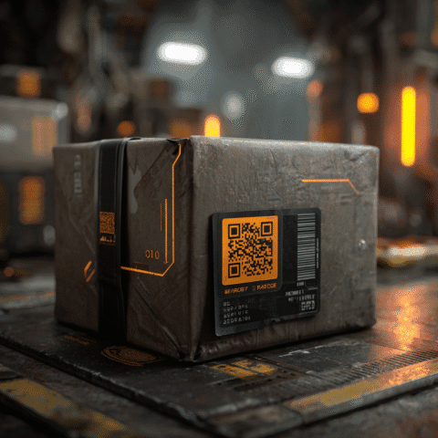 Etiqueta inteligente RFID en un paquete industrial, símbolo de trazabilidad y logística 4.0 conectada