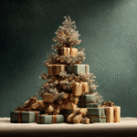 árbol de Navidad decorado con luces cálidas rodeado de numerosos regalos envueltos en tonos dorados y verdes sobre un fondo elegante con regalos de navidad