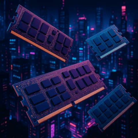 Microchips RAM sobre ciudad nocturna, crisis de la memoria RAM