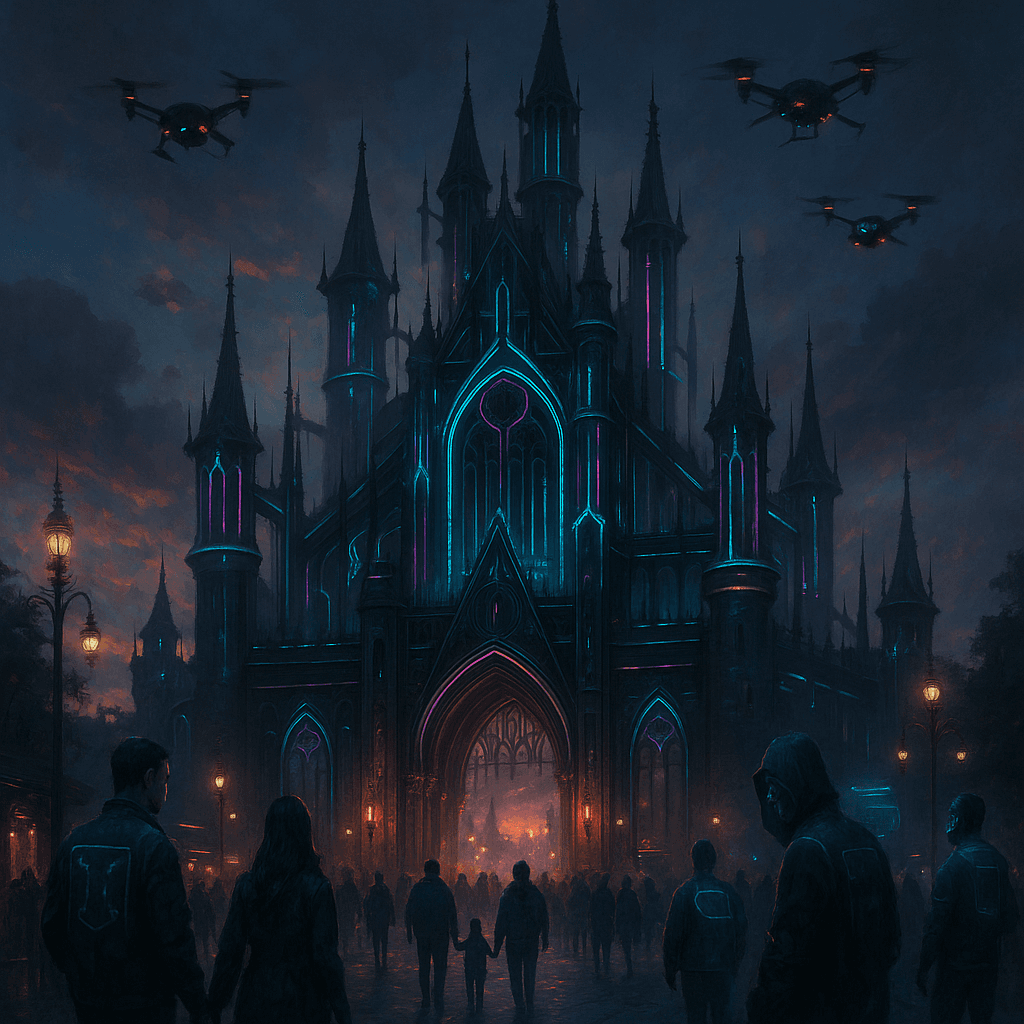 Dracula Land Rumanía: el parque temático que mezcla turismo, tecnología y mito 1 Entrada nocturna de Dracula Land Rumanía con luces neón y castillo