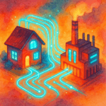 Casa y fábrica conectadas por internet de las cosas (IoT) con sensores visibles