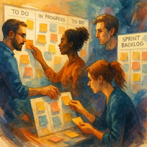 Equipo colaborando con metodologías ágiles frente a un tablero Kanban