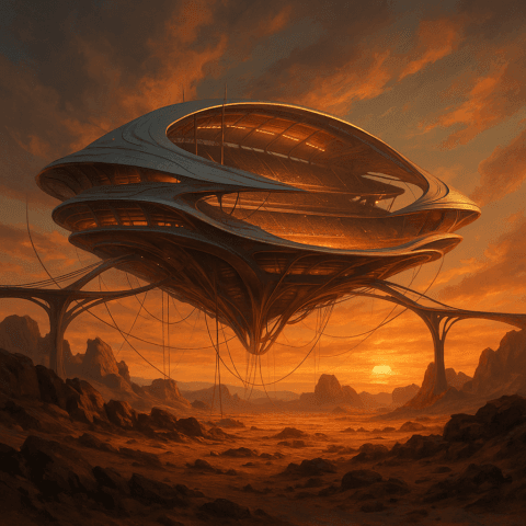 NEOM Stadium conceptual suspendido sobre desierto futurista