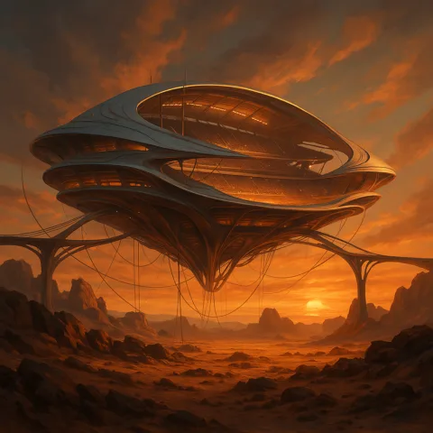 NEOM Stadium conceptual suspendido sobre desierto futurista