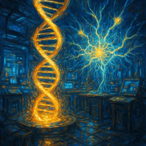Representación abstracta de PopEVE analizando variantes genéticas