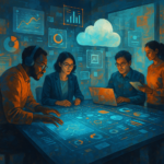 Equipo colaborando en estrategia de transformación digital con paneles de datos