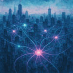 Ciudad conectada por redes eléctricas inteligentes con nodos luminosos