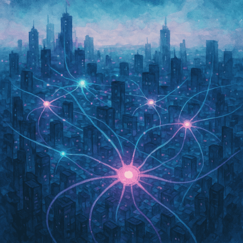 Ciudad conectada por redes eléctricas inteligentes con nodos luminosos