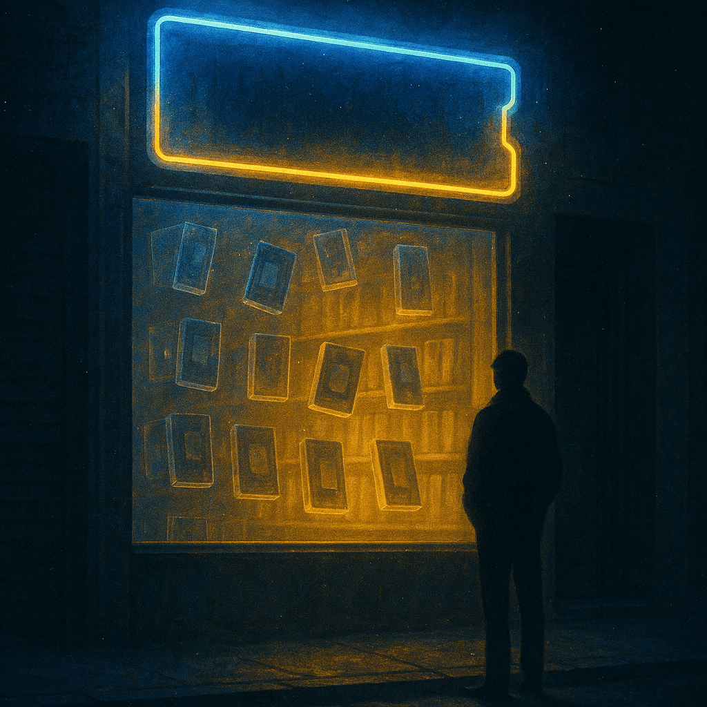 cartel retro evocando el regreso de blockbuster en una calle nocturna