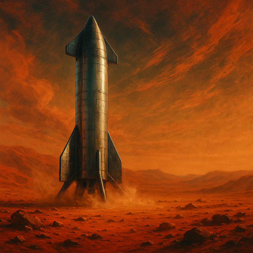 Starship de SpaceX sobre el suelo marciano con polvo y horizonte rojizo