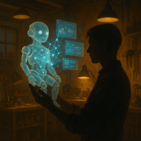 representación artística de agentes IA interactuando con usuarios