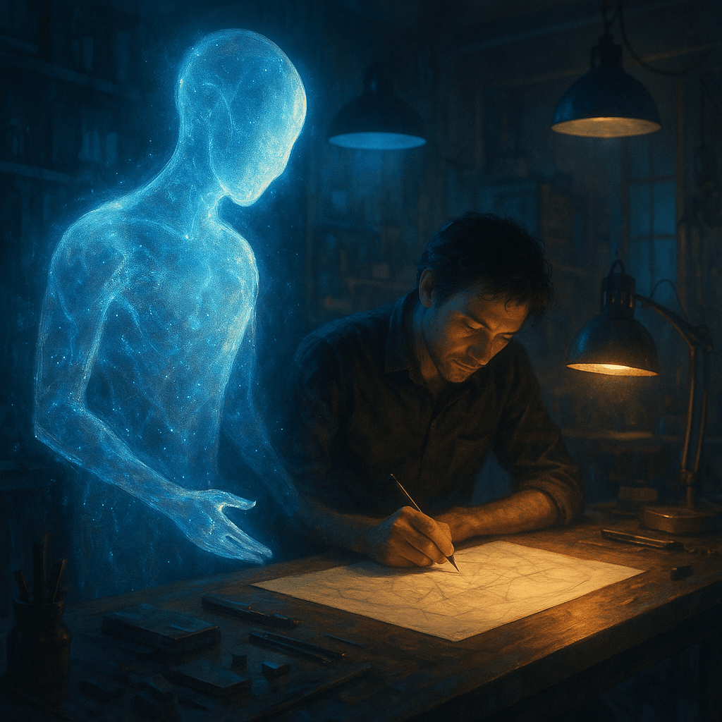 Agentes IA: cómo transforman la creatividad, el trabajo y los riesgos que vienen 1 agentes ia colaborando con un creador en taller futurista