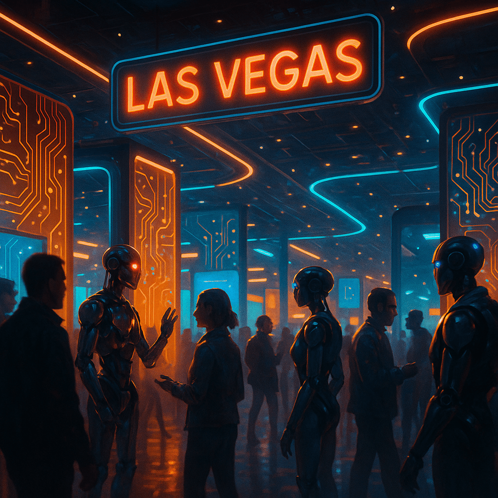 Ambiente de CES 2026 con robots y chips en exhibición