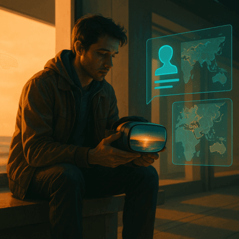 viajes impulsados por IA viajero con casco VR e interfaz holográfica