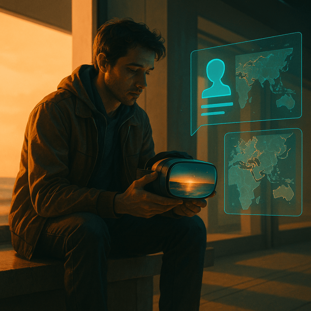 viajes impulsados por IA viajero con casco VR e interfaz holográfica