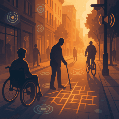 Persona en silla usando movilidad accesible con IA en ciudad