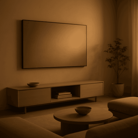 wallpaper tv ultradelgado en sala minimalista con luz cálida