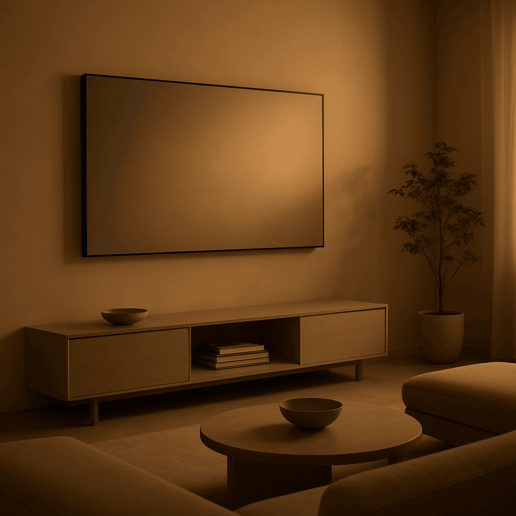wallpaper tv ultradelgado en sala minimalista con luz cálida