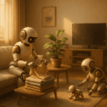 Robots domésticos en un salón futurista interactuando con humanos