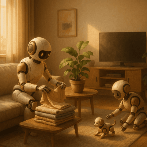 Robots domésticos en un salón futurista interactuando con humanos