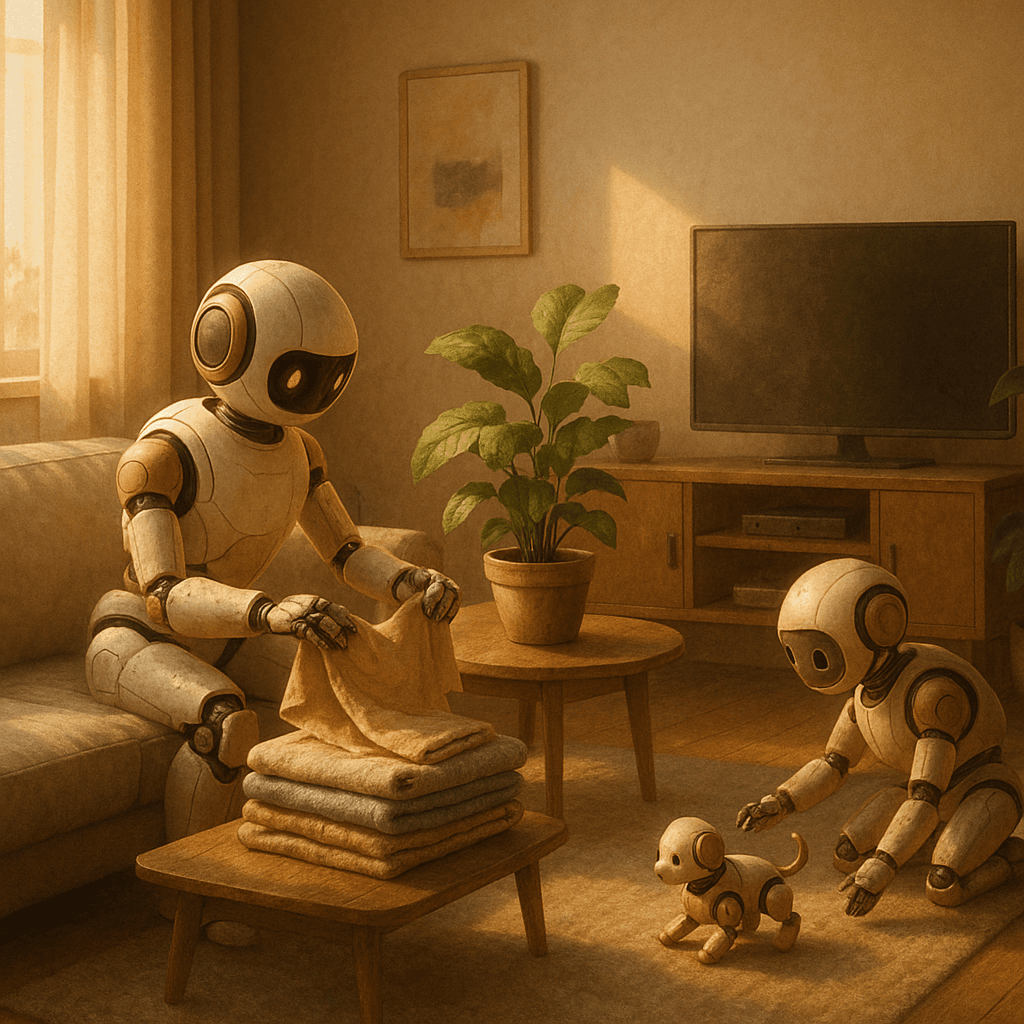 Robots domésticos en un salón futurista interactuando con humanos